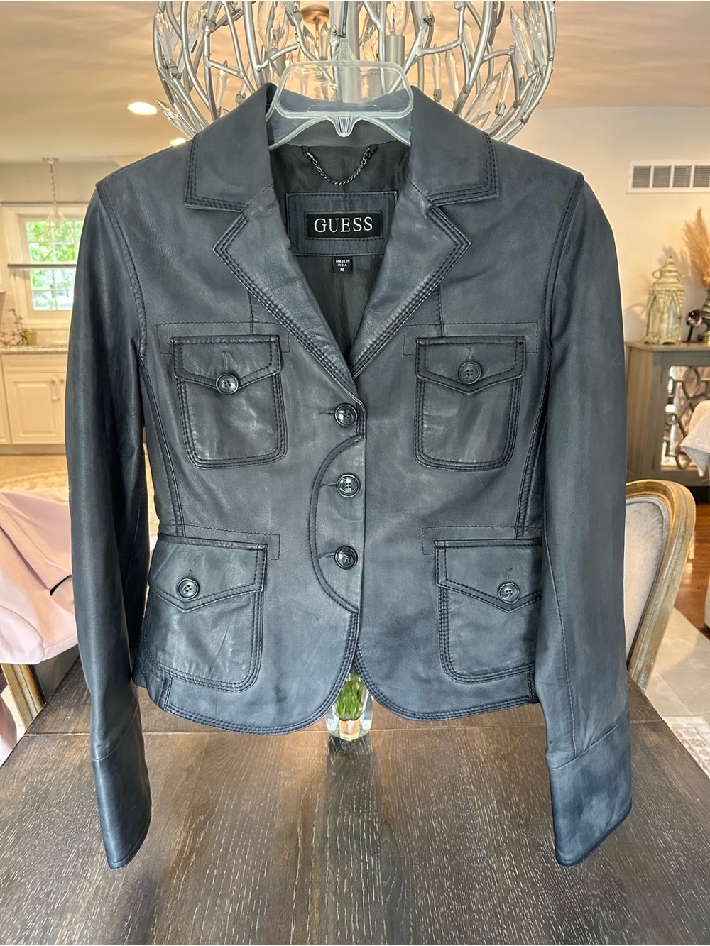 GUESS Black Four-Pocket Leather Blazer Jacket